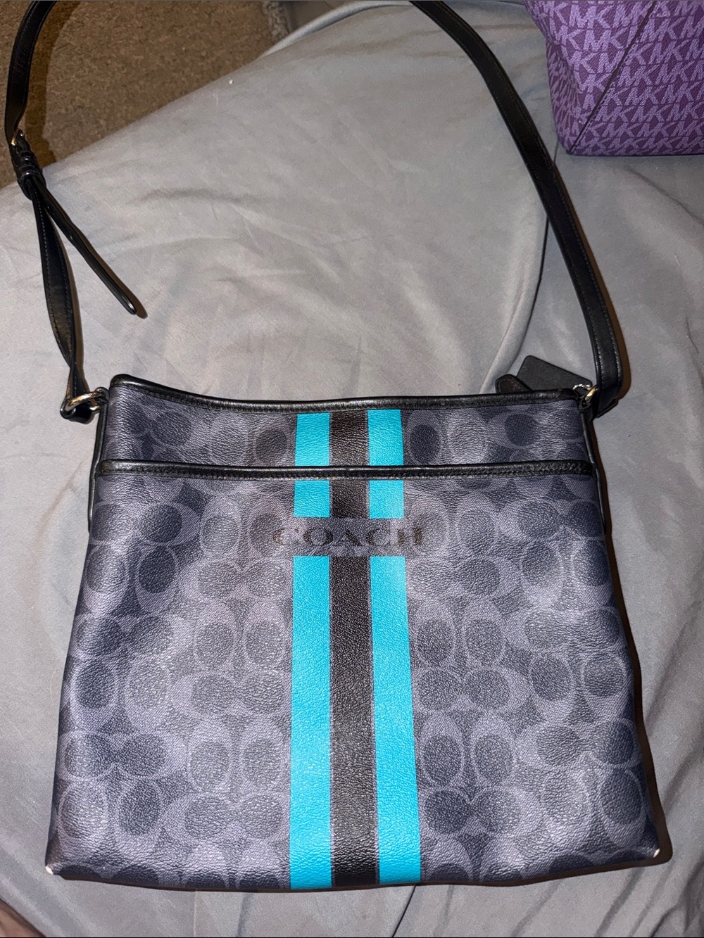 Coach Gray Signature Crossbody with Teal and Black Racing Stripes